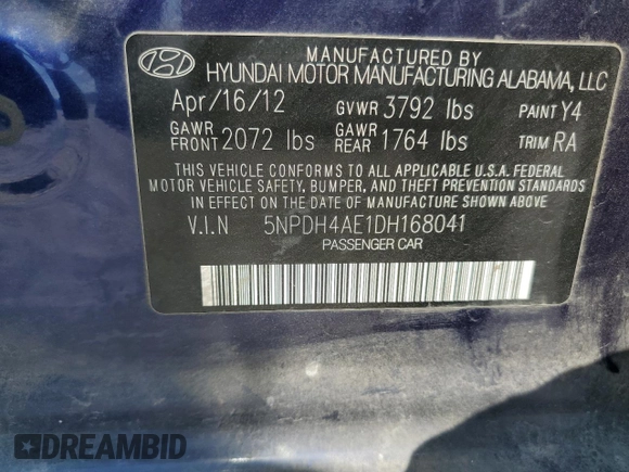 2013 Hyundai Elantra Limited with VIN 5NPDH4AE1DH168041, listed as a Copart auction lot 49709275 with 151,101 mi miles and Salvage Title. Bid and sale history available at DreamBid. Image 12.
