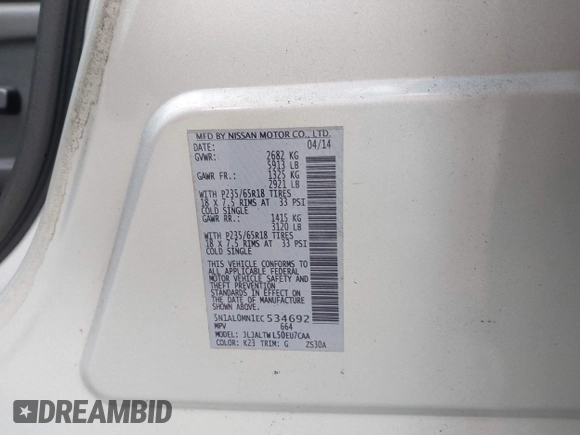 2014 Infiniti QX60 with VIN 5N1AL0MN1EC534692, listed as a IAAI auction lot 42676306 with 212,158 mi miles and . Bid and sale history available at DreamBid. Image 9.