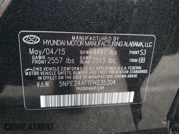 2015 Hyundai Sonata 2.4L SE with VIN 5NPE24AF1FH235304, listed as a Copart auction lot 52548435 with 55,261 mi miles and Salvage Title. Bid and sale history available at carsss.com. Image 12.
