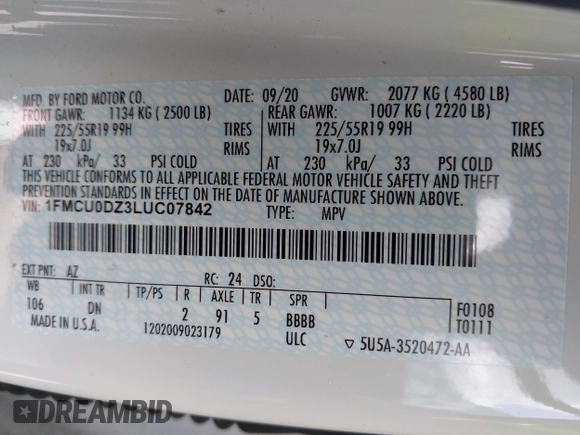 2020 Ford Escape Titanium Hybrid with VIN 1FMCU0DZ3LUC07842, listed as a IAAI auction lot 42456359 with 62,756 mi miles and . Bid and sale history available at DreamBid. Image 9.