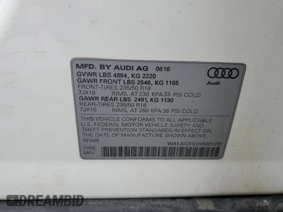 2017 Audi Q3 Premium Plus z VIN WA1JCCFS1HR001231, wystawiony jako Copart lot #47367255 z przebiegiem 50 426 mil mil oraz Nie do naprawy. Historia ofert i sprzedaży dostępna na DreamBid. Obrazek 14.