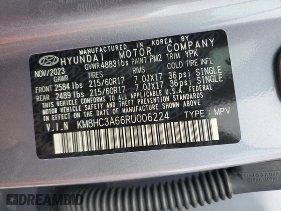 2024 Hyundai Kona SEL with VIN KM8HC3A66RU006224, listed as a Copart auction lot 44139005 with 7,209 mi miles and Salvage Title. Bid and sale history available at DreamBid. Image 14.