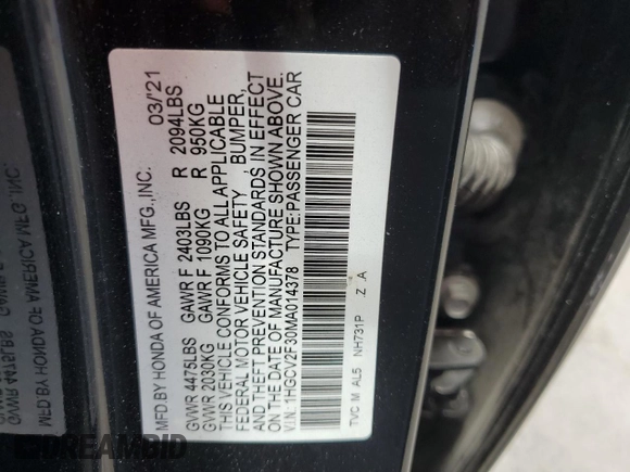 2021 Honda Accord Sport with VIN 1HGCV2F30MA014378, listed as a Copart auction lot 56096095 with 65,850 mi miles and Non repairable. Bid and sale history available at DreamBid. Image 12.