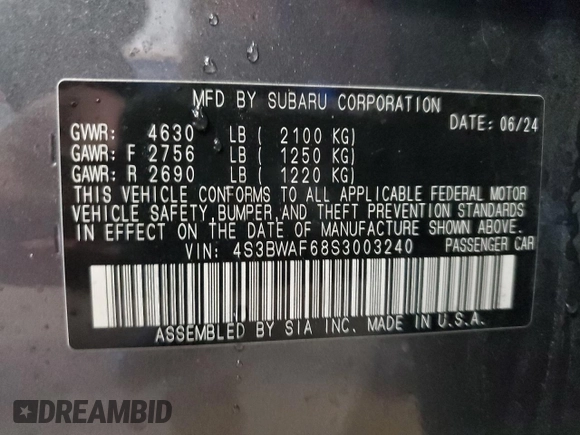 2025 Subaru Legacy Premium with VIN 4S3BWAF68S3003240, listed as a Copart auction lot 47327955 with 8,256 mi miles and Salvage title. Bid and sale history available at DreamBid. Image 12.