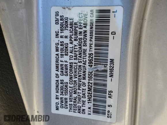 2005 Honda Civic Cpe VP with VIN 1HGEM22165L049626, listed as a Copart auction lot 61243864 with 198,491 mi miles and Salvage Title. Bid and sale history available at carsss.com. Image 12.