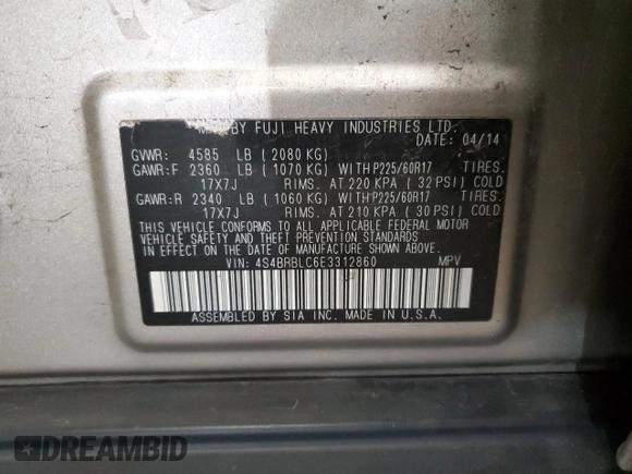 2014 Subaru Outback 2.5i Limited with VIN 4S4BRBLC6E3312860, listed as a Copart auction lot 70687764 with 175,466 mi miles and Clean Title. Bid and sale history available at carsss.com. Image 13.