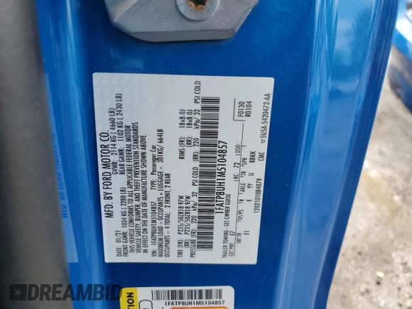 2021 Ford Mustang EcoBoost with VIN 1FATP8UH1M5104857, listed as a Copart auction lot 57152165 with 75,303 mi miles and Salvage title. Bid and sale history available at DreamBid. Image 13.