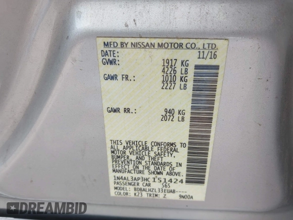 2017 Nissan Altima SV with VIN 1N4AL3AP3HC151424, listed as a IAAI auction lot 42697536 with 157,066 mi miles and . Bid and sale history available at DreamBid. Image 9.