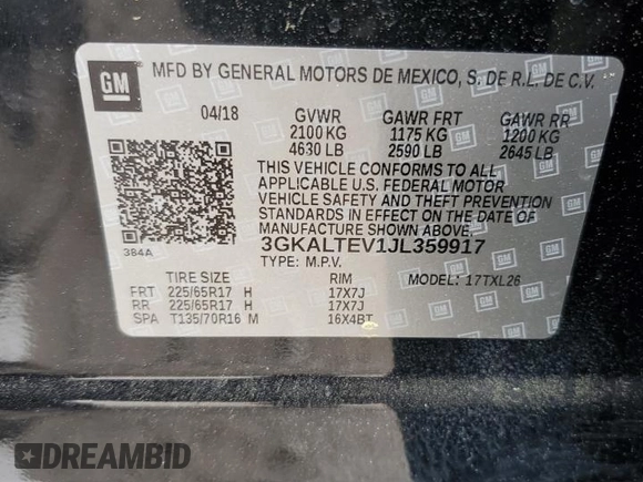 2018 GMC Terrain SLE z VIN 3GKALTEV1JL359917, wystawiony jako Copart lot #54318995 z przebiegiem Nie podano mil oraz Szkoda całkowita • Salvage title. Historia ofert i sprzedaży dostępna na DreamBid. Obrazek 13.