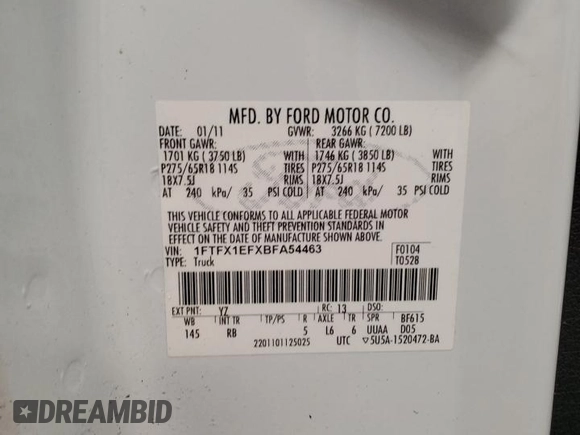 2011 Ford F-150 XL z VIN 1FTFX1EFXBFA54463, wystawiony jako Copart lot #57860675 z przebiegiem 183 540 mil mil oraz Szkoda całkowita • Salvage title. Historia ofert i sprzedaży dostępna na DreamBid. Obrazek 13.