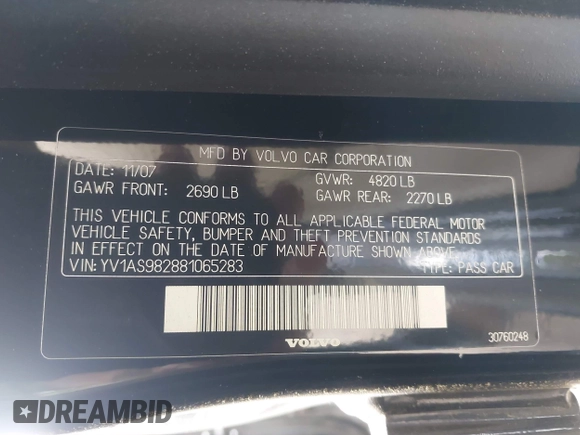 2008 Volvo S80 3.2L with VIN YV1AS982881065283, listed as a IAAI auction lot 42556767 with 152,728 mi miles and . Bid and sale history available at DreamBid. Image 9.