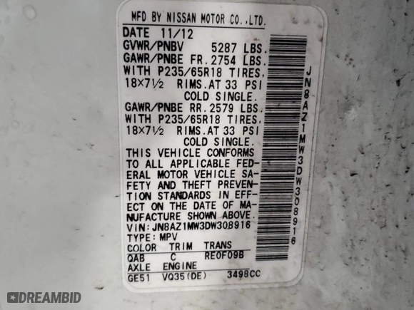 2013 Nissan Murano S with VIN JN8AZ1MW3DW308916, listed as a Copart auction lot 86877254 with 164,143 mi miles and Clean Title. Bid and sale history available at carsss.com. Image 12.