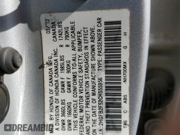 2012 Honda Civic LX with VIN 2HGFB2F52CH555956, listed as a Copart auction lot 53281255 with Not Provided miles and Salvage Title. Bid and sale history available at DreamBid. Image 12.