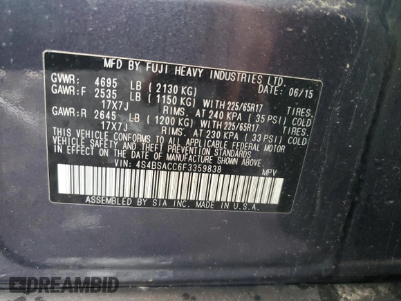 2015 Subaru Outback Premium with VIN 4S4BSACC6F3359838, listed as a Copart auction lot 61039425 with Not provided miles and Salvage title. Bid and sale history available at DreamBid. Image 12.