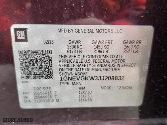 2018 Chevrolet Traverse LT Cloth with VIN 1GNEVGKW3JJ208832, listed as a Copart auction lot 50265815 with 114,589 mi miles and Salvage Title. Bid and sale history available at carsss.com. Image 13.