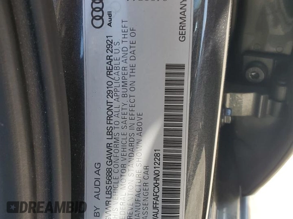 2017 Audi S6 Premium Plus z VIN WAUFFAFCXHN012281, wystawiony jako Copart lot #53571455 z przebiegiem 67 439 mil mil oraz Szkoda całkowita • Salvage title. Historia ofert i sprzedaży dostępna na DreamBid. Obrazek 12.