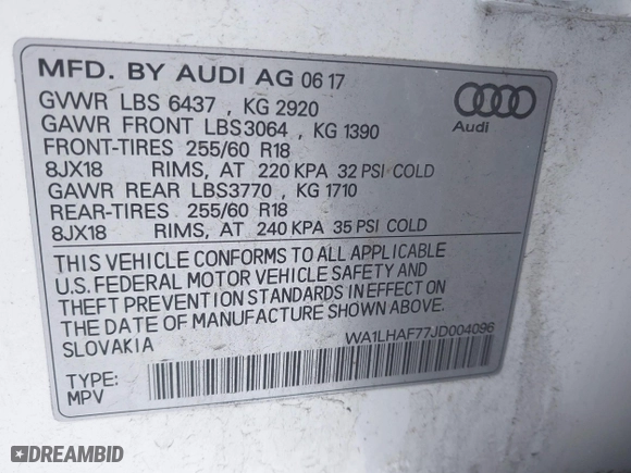 2018 Audi Q7 Premium Plus with VIN WA1LHAF77JD004096, listed as a IAAI auction lot 41376622 with 92,615 mi miles. Bid and sale history available at carsss.com. Image 9.
