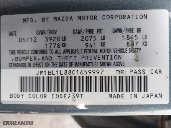 2012 Mazda Mazda3 i Touring with VIN JM1BL1L88C1659997, listed as a IAAI auction lot 41985367 with 235,081 mi miles. Bid and sale history available at carsss.com. Image 9.