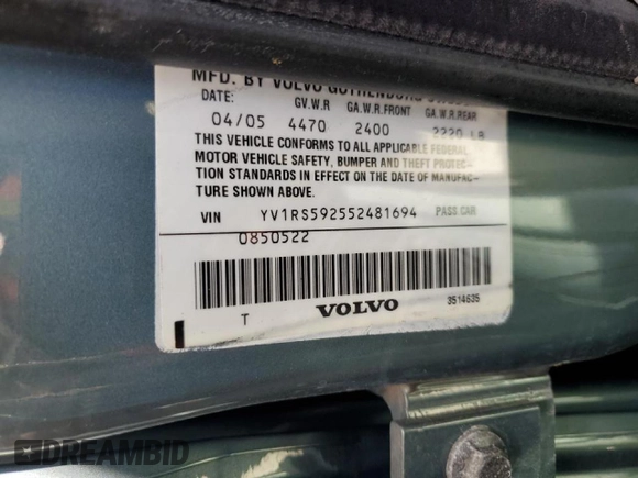 2005 Volvo S60 with VIN YV1RS592552481694, listed as a Copart auction lot 44862755 with 90,046 mi miles and Clean Title. Bid and sale history available at carsss.com. Image 12.