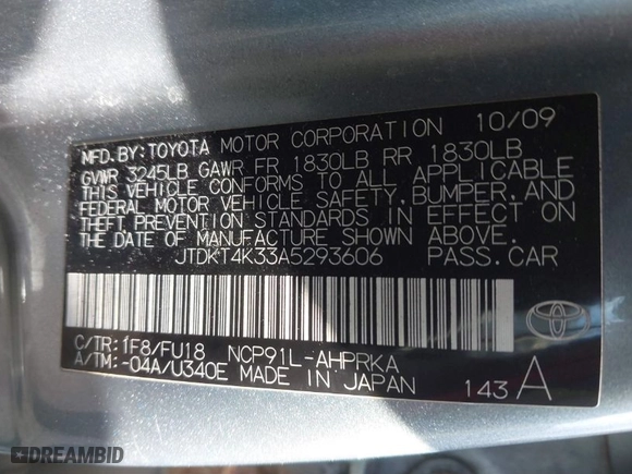2010 Toyota Yaris with VIN JTDKT4K33A5293606, listed as a IAAI auction lot 41574444 with 262,584 mi miles. Bid and sale history available at carsss.com. Image 9.