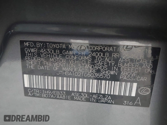 2016 Lexus IS 200t with VIN JTHBA1D21G5035570, listed as a IAAI auction lot 41593624 with 105,100 mi miles and . Bid and sale history available at carsss.com. Image 9.
