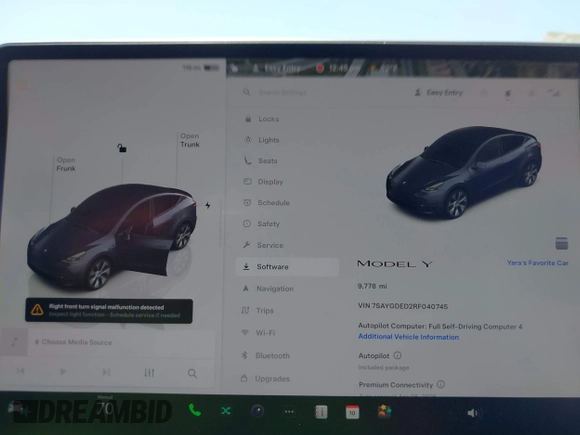 2024 Tesla Model Y with VIN 7SAYGDED2RF040745, listed as a IAAI auction lot 41986613 with 9,778 mi miles and . Bid and sale history available at DreamBid. Image 7.