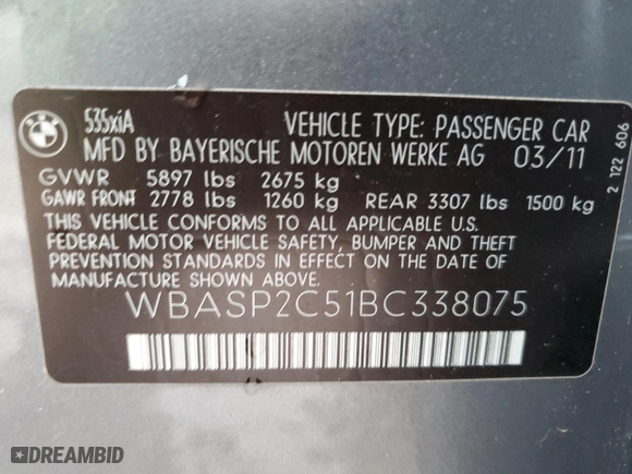 2011 BMW 5 Series Gran Turismo 535i xDrive with VIN WBASP2C51BC338075, listed as a Copart auction lot 84097234 with 122,093 mi miles and Salvage Title. Bid and sale history available at carsss.com. Image 14.