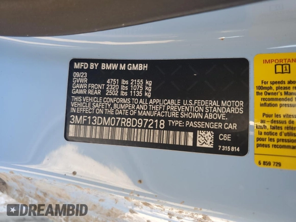 2024 BMW M2 with VIN 3MF13DM07R8D97218, listed as a Copart auction lot 75245254 with 13,343 mi miles and Salvage Title. Bid and sale history available at carsss.com. Image 12.