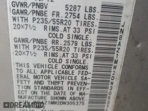 2013 Nissan Murano SV with VIN JN8AZ1MW2DW305375, listed as a Copart auction lot 52975545 with 210,535 mi miles and Clean title. Bid and sale history available at DreamBid. Image 13.