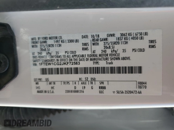 2018 Ford F-150 XL with VIN 1FTEW1CG2JKF72583, listed as a Copart auction lot 52260915 with 145,657 mi miles and Clean title. Bid and sale history available at DreamBid. Image 13.