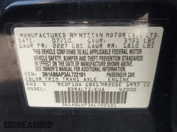 2010 Nissan Sentra SR with VIN 3N1AB6AP3AL722101, listed as a IAAI auction lot 41785629 with 91,344 mi miles and . Bid and sale history available at DreamBid. Image 9.