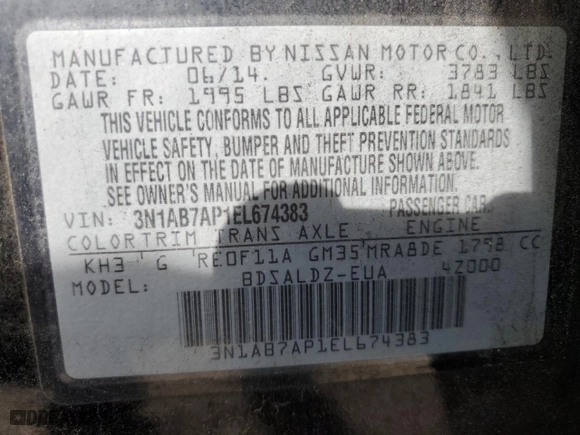 2014 Nissan Sentra SR with VIN 3N1AB7AP1EL674383, listed as a Copart auction lot 41701245 with 0 mi miles and Salvage Title. Bid and sale history available at carsss.com. Image 12.