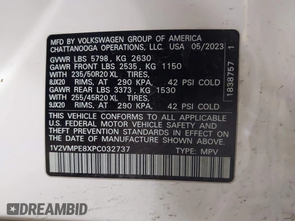 2023 Volkswagen ID.4 Pro with VIN 1V2VMPE8XPC032737, listed as a IAAI auction lot 41207890 with 17,158 mi miles and . Bid and sale history available at DreamBid. Image 8.