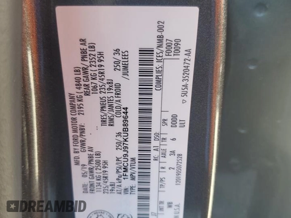 2019 Ford Escape Titanium with VIN 1FMCU9J97KUB89644, listed as a Copart auction lot 63655975 with 88,005 mi miles and Clean title. Bid and sale history available at DreamBid. Image 13.