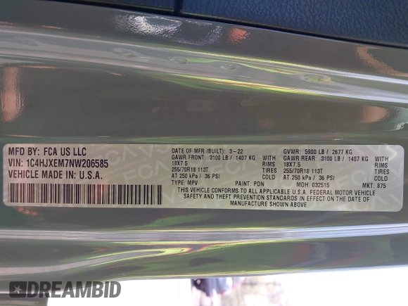 2022 Jeep Wrangler Unlimited Sahara with VIN 1C4HJXEM7NW206585, listed as a IAAI auction lot 42102516 with 10,769 mi miles and . Bid and sale history available at DreamBid. Image 9.