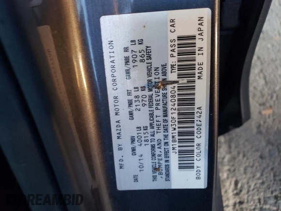 2015 Mazda 3 S Grand Touring with VIN JM1BM1W30F1240804, listed as a Copart auction lot 47406955 with Not Provided miles and Salvage Title. Bid and sale history available at DreamBid. Image 14.