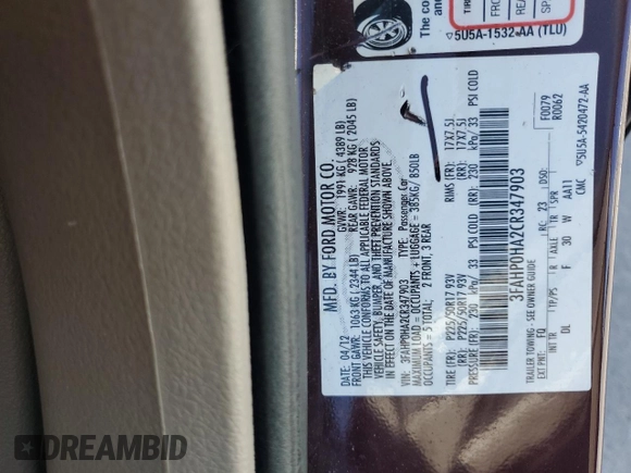 2012 Ford Fusion SE with VIN 3FAHP0HA2CR347903, listed as a Copart auction lot 58095995 with 122,913 mi miles and Clean title. Bid and sale history available at DreamBid. Image 12.