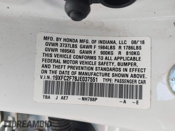 2018 Honda Civic Sedan EX with VIN 19XFC2F78JE037551, listed as a IAAI auction lot 41733255 with 93,664 mi miles. Bid and sale history available at carsss.com. Image 9.