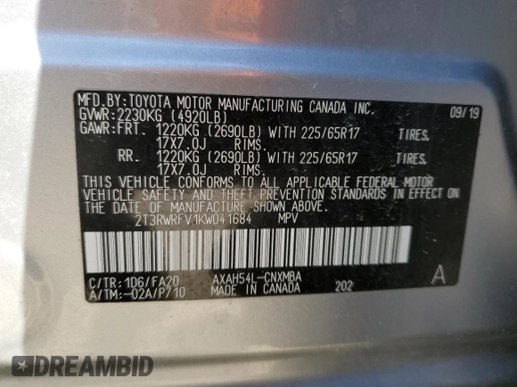 2019 Toyota RAV4 Hybrid XLE with VIN 2T3RWRFV1KW041684, listed as a Copart auction lot 48708995 with 80,181 mi miles and Salvage Title. Bid and sale history available at carsss.com. Image 13.