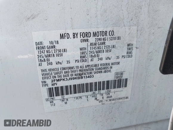 2019 Ford Edge SEL with VIN 2FMPK3J99KBB13403, listed as a IAAI auction lot 41556938 with 80,849 mi miles. Bid and sale history available at carsss.com. Image 9.