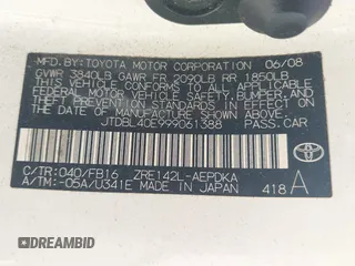 2009 Toyota Corolla with VIN JTDBL40E999061388, listed as a IAAI auction lot 42573110 with 190,140 mi miles and . Bid and sale history available at DreamBid. Image 9.