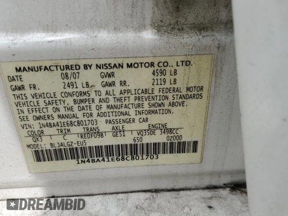 2008 Nissan Maxima 3.5 SE with VIN 1N4BA41E68C801703, listed as a Copart auction lot 71261864 with 256,018 mi miles and Salvage Title. Bid and sale history available at carsss.com. Image 12.