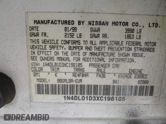 1999 Nissan Altima XE with VIN 1N4DL01D3XC196105, listed as a IAAI auction lot 39336338 with 183,010 mi miles. Bid and sale history available at carsss.com. Image 9.