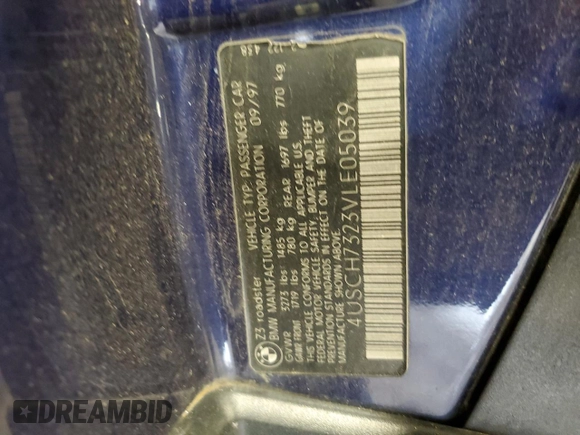 1997 BMW 3 Series 1.9L with VIN 4USCH7323VLE05039, listed as a Copart auction lot 63006834 with 37,689 mi miles and Salvage Title. Bid and sale history available at carsss.com. Image 12.