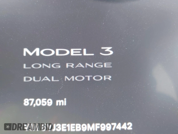 2021 Tesla Model 3 Long Range with VIN 5YJ3E1EB9MF997442, listed as a IAAI auction lot 41759875 with 87,059 mi miles. Bid and sale history available at carsss.com. Image 14.