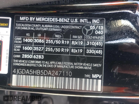 2013 Mercedes-Benz M 350 with VIN 4JGDA5HB5DA247110, listed as a Copart auction lot 66330875 with 144,333 mi miles and Clean title. Bid and sale history available at DreamBid. Image 13.
