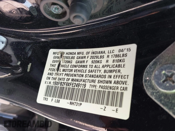 2015 Honda Civic Sedan EX-L with VIN 19XFB2F9XFE249119, listed as a IAAI auction lot 41877073 with 92,886 mi miles. Bid and sale history available at carsss.com. Image 9.