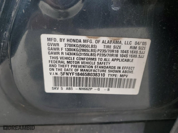 2005 Honda Pilot EX with VIN 5FNYF18465B038310, listed as a Copart auction lot 51116105 with 214,662 mi miles and Salvage Title. Bid and sale history available at carsss.com. Image 15.