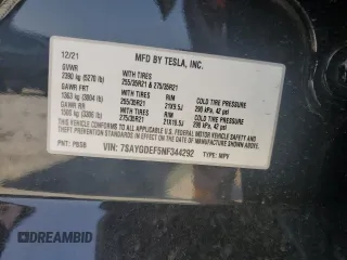 2022 Tesla Model Y Performance with VIN 7SAYGDEF5NF344292, listed as a Copart auction lot 59153775 with Not provided miles and Salvage title. Bid and sale history available at DreamBid. Image 12.