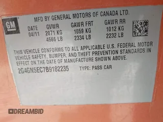 2011 Buick Regal CXL RL1 with VIN 2G4GN5EC7B9182235, listed as a IAAI auction lot 41498498 with 156,123 mi miles and . Bid and sale history available at DreamBid. Image 9.